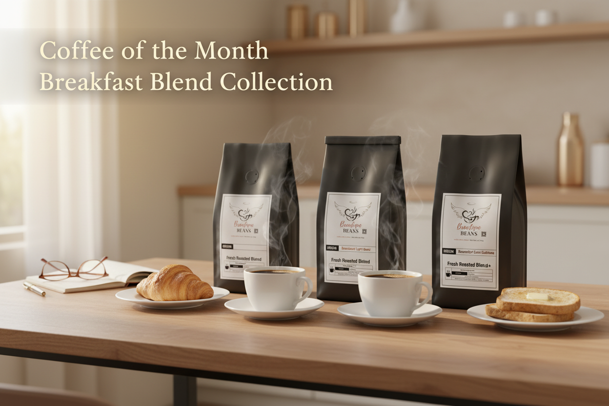 Coffee of the Month Breakfast Blend Collection Hero Banner with Brewtique Beans Packaging